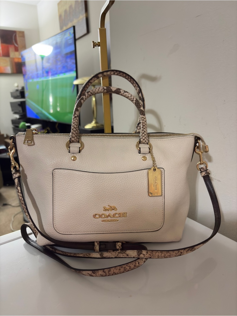 Coach Emma Cream Pebble Leather Satchel with Snake-Print Trim